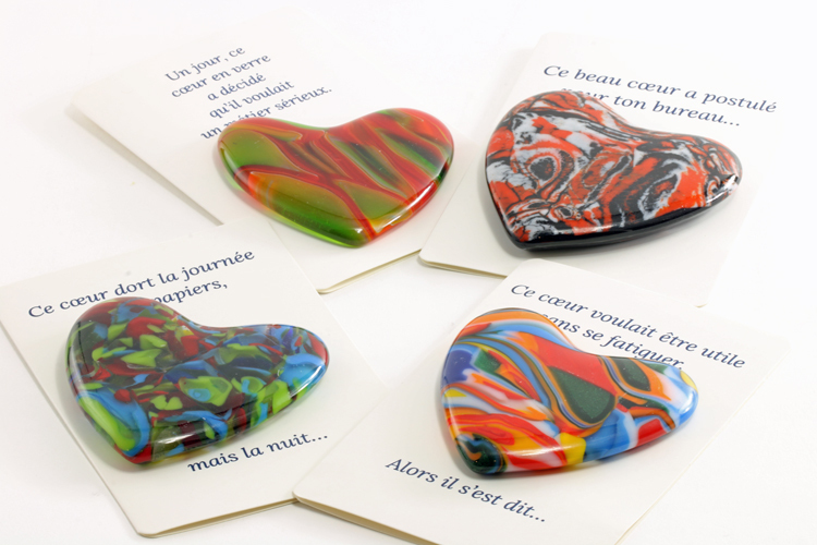 Glass (7.5 cm x 7.5 cm x 8 mm). Card (9.5 cm x 14 cm). CAD 60 each.