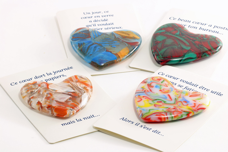 Glass (7.5 cm x 7.5 cm x 8 mm). Card (9.5 cm x 14 cm). CAD 60 each.
