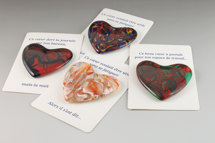 Glass (7.5 cm x 7.5 cm x 8 mm). Card (9.5 cm x 14 cm). CAD 60 each.