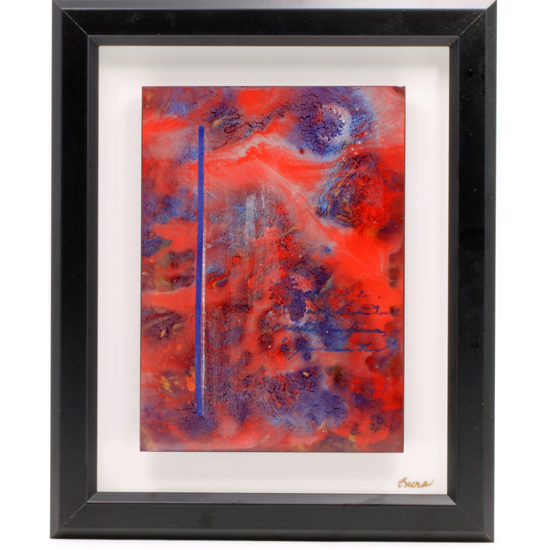 Le désespoir de ne pas être entendu. 15 cm x 20 cm fused glass panel mounted on white glass and set in a 20 cm x 25 cm black wood frame. CAD 160